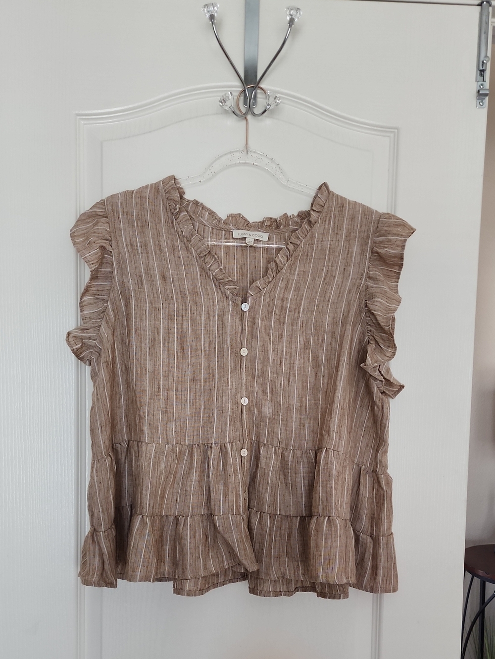 Lucky & Coco Ruffled Tiered Button-Front Blouse in Tan Stripe